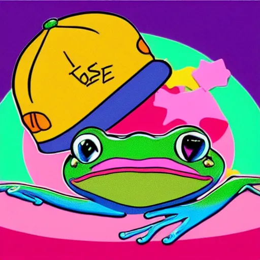 Prompt: a frog with a baseball hat lisa frank