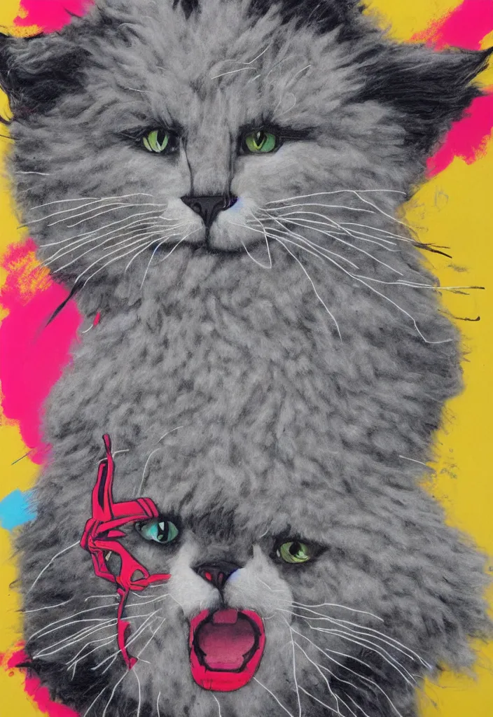 Image similar to fluffy cat with an afro comb t - shirt design, by jules julien, alex yanes, dark grisaille monochrome neon spraypaint, ironic surrealism, hypebeast