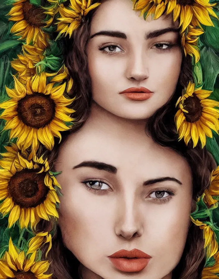 Prompt: Queen of the Sunflowers , a beautiful Ukrainian woman who looks like a mix of Audrey Hepburn and Selena Gomez, perfect skin, perfect face, gorgeous, symmetrical face, symmetrical body, artgerm, flowing hair, realistic, photorealistic, editorial photograph, portrait, detailed, intricate, focused, muted colors, artstation, border and embellishments inspiried by alphonse mucha, fractals in the background, galaxy