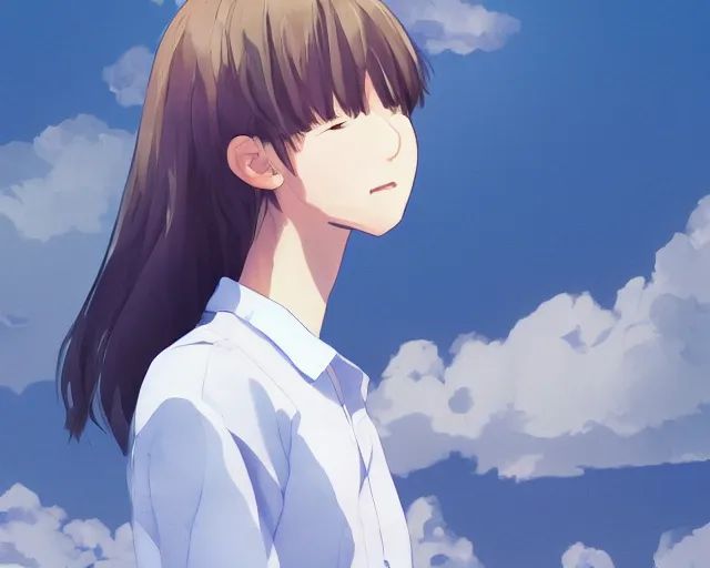 Image similar to teen looking at blue sky, wearing white shirt, back turned, looking up, illustration, by pine ( ハイネ ) and 薯 子 imoko and 香 川 悠 作 and wlop and maya takamura, highly detailed, trending artstation, pixiv, digital art