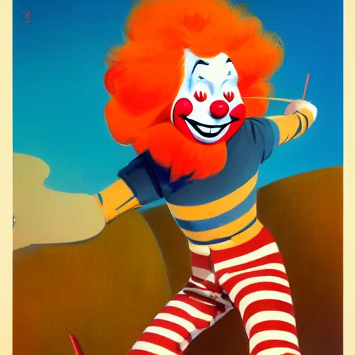 Image similar to a bozo clown wearing a orange wig and striped shirt, digital art, trending on artstation, vintage, retrofuturism, art by marc davis, marc davis artwork, poster