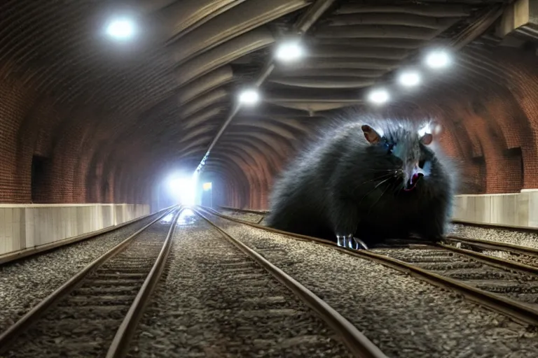 Prompt: very large giant mutant zombie irradiated ( angry rat ) staying on railways in tonnel of moscow subway. giant rat. 4 k, very realistic. extreme long shot, low dark light, scary mood, anish kapoor, herman nitsch.