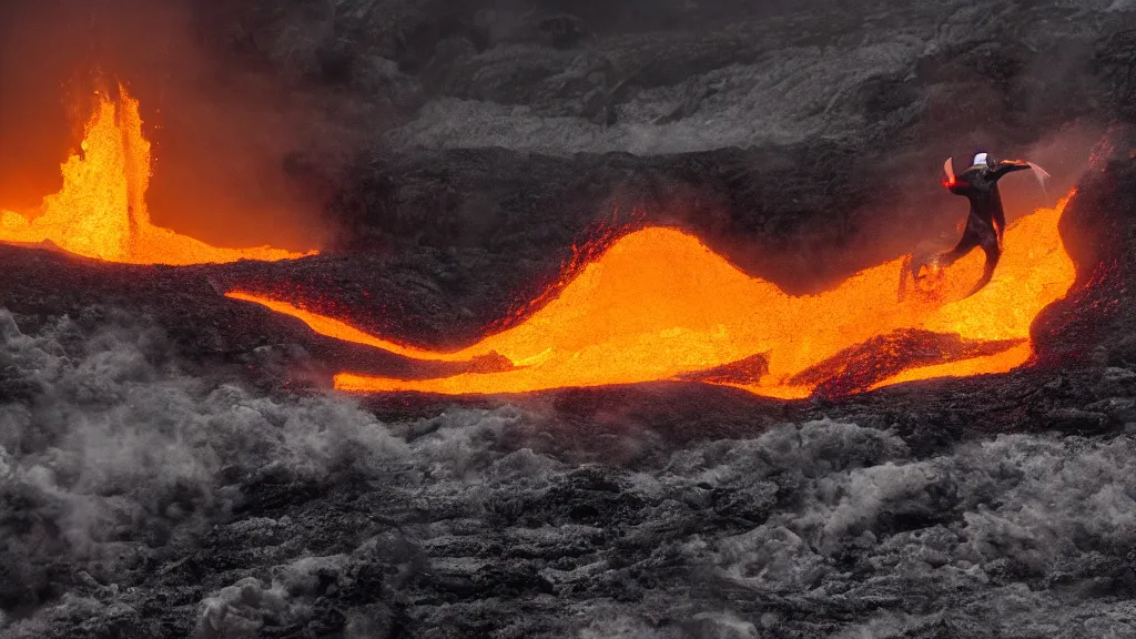 Image similar to person in armor surfing down a river of lava on the side of a volcano on surfboard, action shot, dystopian, thick black smoke and fire, motion blur, sharp focus, cinematic, tilt shift lens