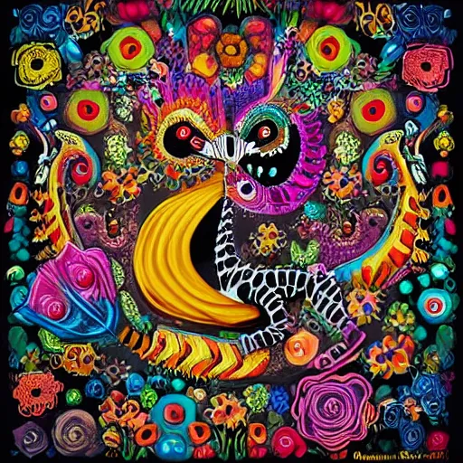 Image similar to “Alebrijes” 3-D 8k , digital art, Mexican folk art, cute single animal, black background, Hyperdetailed, Martin Sandiego, Julia Fuentes, Adi Granov