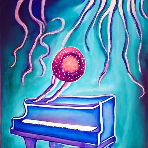 Image similar to a painting of a jellyfish playing the piano on stage in the spotlight