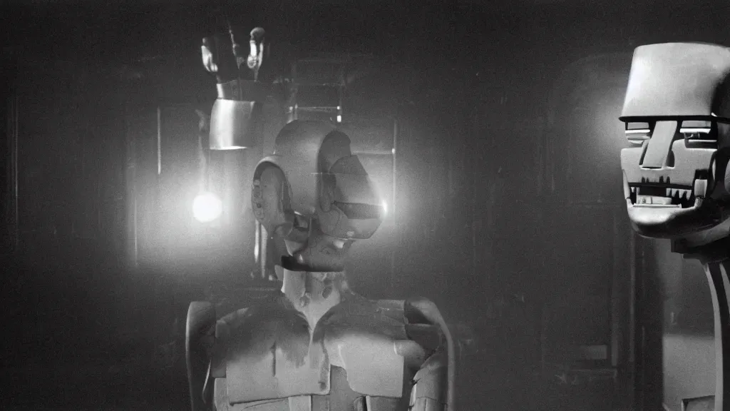 Image similar to The man with robot head, movie still, cinematic composition, cinematic light, by David Lynch