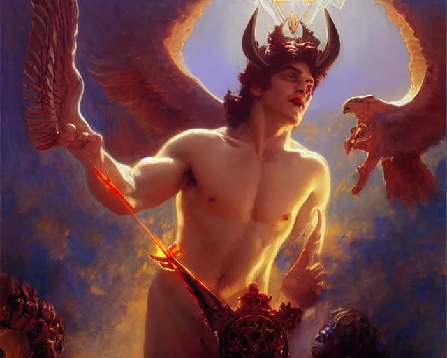 Image similar to attractive male deity, casting demonic magic, summoning handsome lucifer morning star. highly detailed painting by gaston bussiere, craig mullins, j. c. leyendecker 8 k