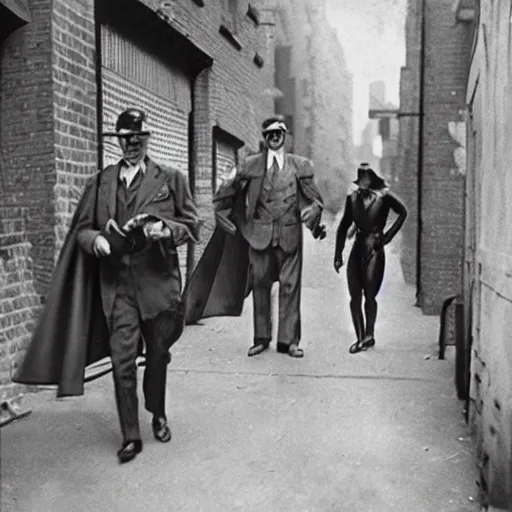 Image similar to 1 9 3 0 s photography of superheroes walking a new york alley