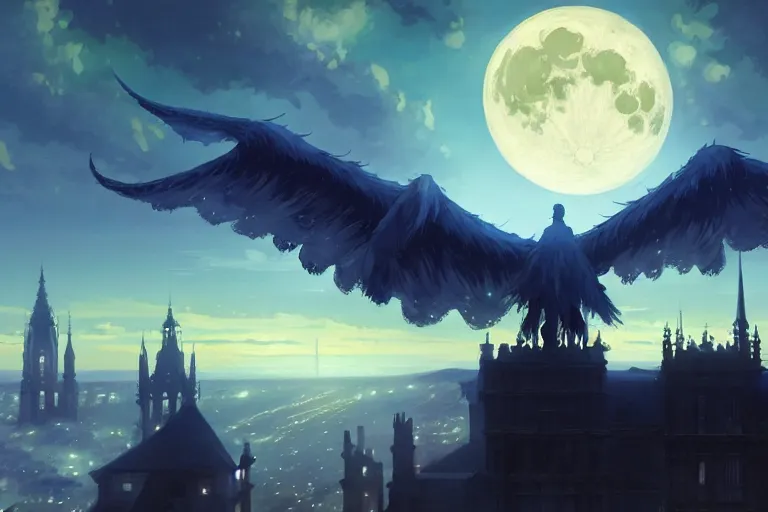 Image similar to a winged monster in the sky above a victorian city, scene in the night. full moon, 1 8 9 0, key visual, conceptart, ambient lighting, highly detailed, digital painting, artstation, concept art, sharp focus, by makoto shinkai and akihiko yoshida and greg manchess