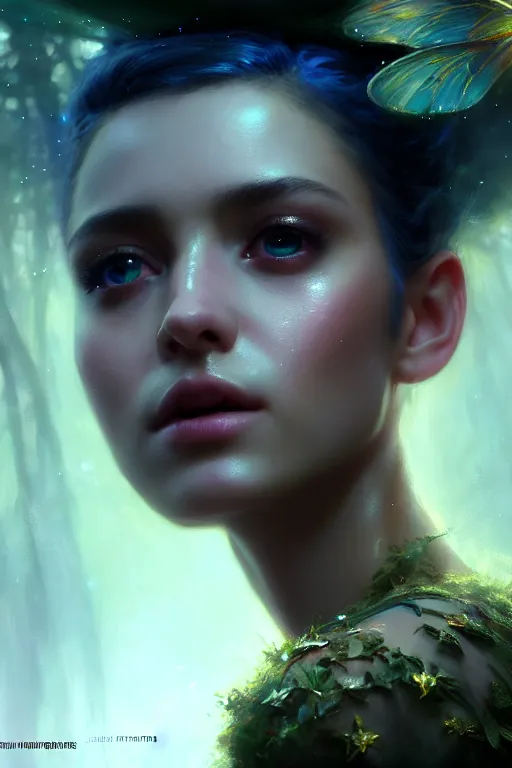 Image similar to cinematic shot of an epic portrait of a fairy dressed in military clothes, shiny skin, beautiful eyes, beautiful, small details, night setting, realistic poster with volumetric light from craig mallism, artgerm, jeremy lipkin and michael garmash, unreal engine, radiant light, detailed and complex environment, digital art, trends at art station, a masterpiece