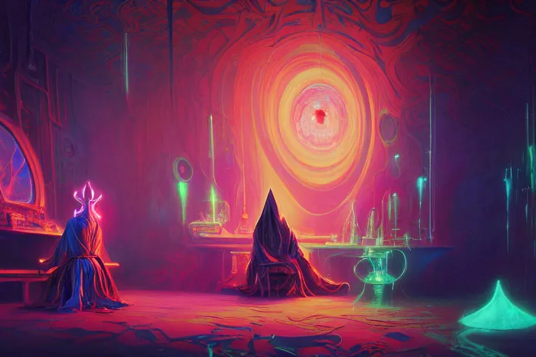 Image similar to a highly detailed beautiful masterpiece painting of a technomancer wizard in robes with pointed hood discussing sentience with his synthesized AI djinn in his laboratory near a computer by Remedios Varo and Anato Finnstark and Greg Rutkowski, dayglo pink, dayglo blue, dazzle camouflage, 8k, trending on ArtStation, rendered in Octane, volumetric lighting