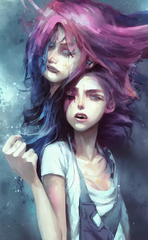 Prompt: a grungy woman with rainbow hair, drunk, soft eyes and narrow chin, dainty figure, long hair straight down, torn kawaii shirt and baggy jeans, basic white background, In style of by Jordan Grimmer and greg rutkowski, crisp lines and color,
