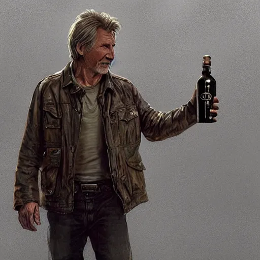 Image similar to a highly detailed epic cinematic concept art CG render digital painting artwork costume design: Harrison Ford/Ryan Gosling, old scars, long hair, grizzled, tired, with a bottle of vodka, in an old 1950s leather jacket. By Greg Rutkowski, Ilya Kuvshinov, WLOP, Stanley Artgerm Lau, Ruan Jia and Fenghua Zhong, trending on ArtStation, made in Maya, Blender and Photoshop, octane render, excellent composition, cinematic atmosphere, dynamic dramatic cinematic lighting, aesthetic, very inspirational, arthouse