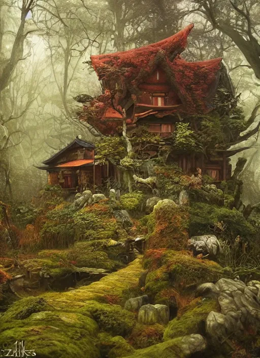 Image similar to hyper realistic witch cottage japanese shrine in the woods gorgeous lighting, highly detailed, lush forest painting by zdzisław beksinski and norman rockwell and greg rutkowskiweta studio, and lucasfilm