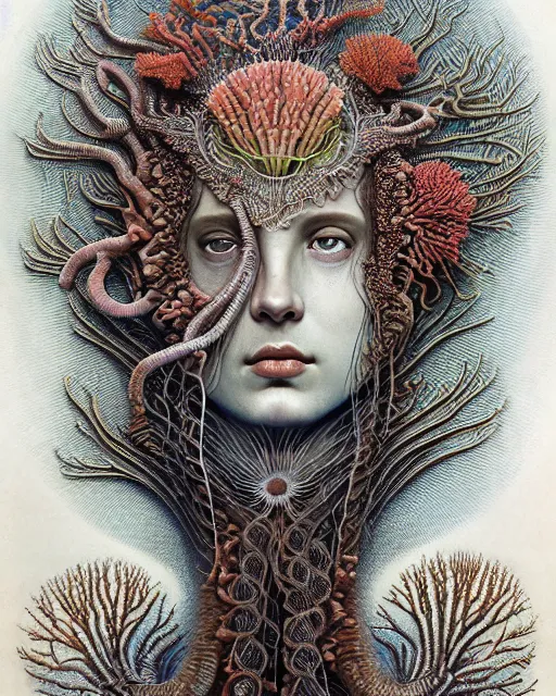 Image similar to realistic detailed underwater portrait of the beutiful young goddess of the fish of the three times with an intricate headdress of corals, sea kelp, sea plants, fish, jellyfish, art by ernst haeckel, zdzisław beksinski, h. r. giger, gothic, neo - gothic, ornamental,