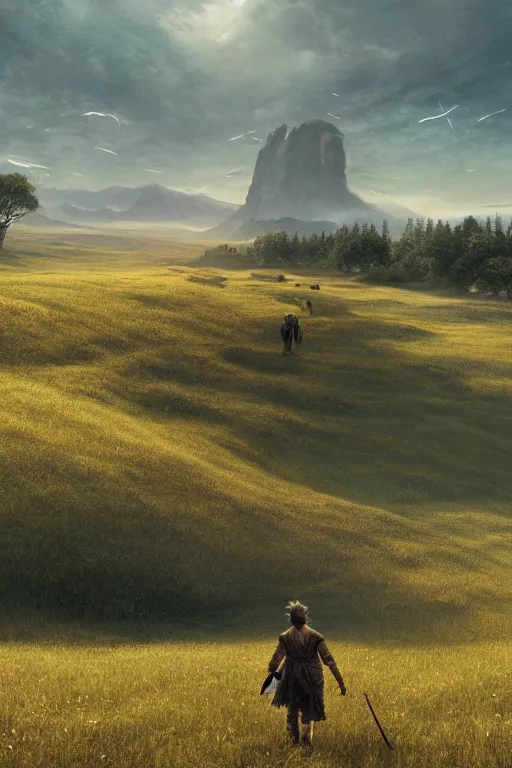 Image similar to An endless meadow with a giant walking in the far distance by Greg Rutkowski, Sung Choi, Mitchell Mohrhauser, Maciej Kuciara, Johnson Ting, Maxim Verehin, Peter Konig, final fantasy , 8k photorealistic, cinematic lighting, HD, high details, atmospheric,