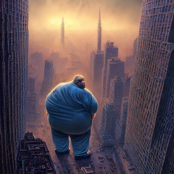 Image similar to hyperrealistic mixed media portrait of a giant moridly obese man crushing a helpless city under his feet, despair, depressing and hopeless vibe, stunning 3d render inspired art by P. Craig Russell and Barry Windsor-Smith + perfect facial symmetry + dim volumetric lighting, 8k octane beautifully detailed render, post-processing, extremely hyperdetailed, epic composition, grim yet sparkling atmosphere, cinematic lighting + masterpiece, trending on artstation