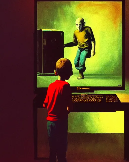 Image similar to 8k professional photo of an 8 years old enlightened and scared boy standing in front of an old computer from 90s with a game doom2 at the monitor screen. painting by Adrian Ghenie and Willem de Kooning , still from a movie by Gaspar Noe and James Cameron