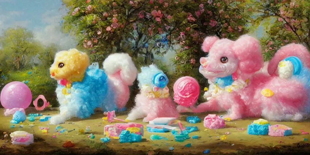 Image similar to bubble gum ice cream made in the shape of 3 d littlest pet shop poodle, realistic, melting, soft painting, forest, desserts, ice cream, glitter, master painter and art style of noel coypel, art of emile eisman - semenowsky, art of edouard bisson