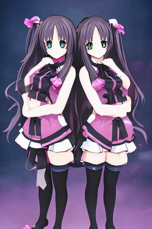 Image similar to two beautiful female idols with twintails standing chest to chest, dark background, soft anime art