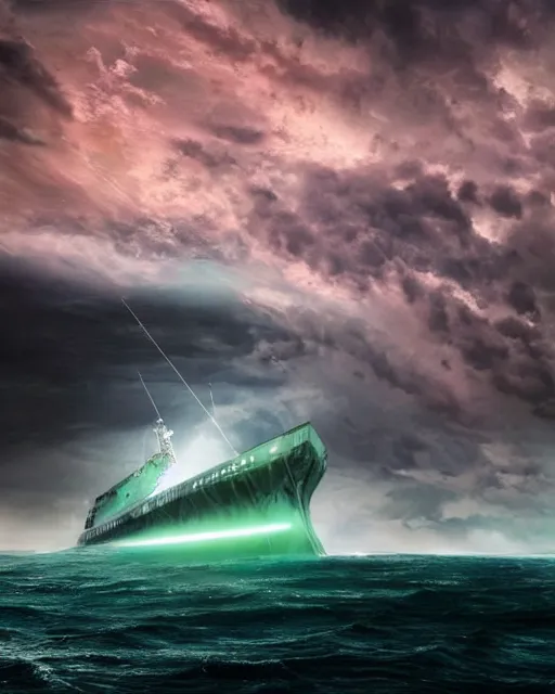 Prompt: a fishing boat on stormy seas, a gigantic star destroyer spaceship with glowing green lights flying overhead, ready to fire, the gigantic star destroyer spaceship is emerging from storm clouds, sunset lighting, stormy weather, dramatic lighting, unreal engine, hyper realism, realistic shading, cinematic composition, realistic render, octane render, detailed textures, photorealistic, ultrawide shot, 1 6 mm lens