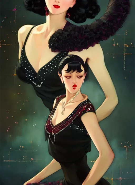 Image similar to a beautiful dancer with black hair in 1930's fashion, ballroom background, intricate, highly detailed, digital painting, artstation, official media, anime key visual, concept art, rich vivid colors, ambient lighting, sharp focus, illustration, art by Artgerm, Makoto Shinkai, Ilya Kuvshinov, Lois Van Baarle, and Rossdraws