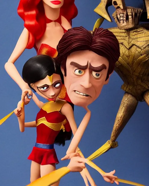 Image similar to steve buscemi ’ s wonder woman as a highly detailed stop motion puppet, in the style of laika studios ’ s paranorman, coraline, kubo and the two strings shot in the style