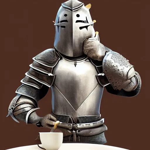 Prompt: a knight drinking a cup of tea, trending on artstation