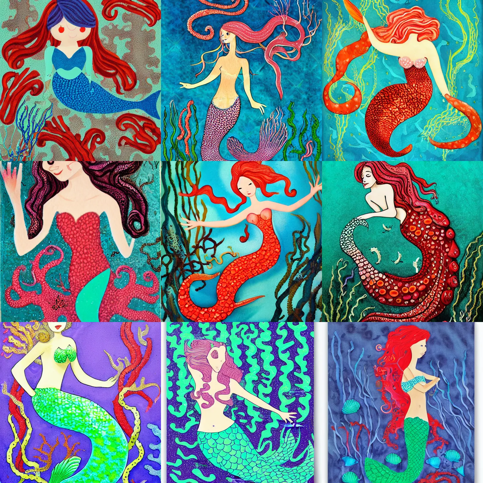 Prompt: a mermaid with coral and seaweed and squid by Jane Davenport