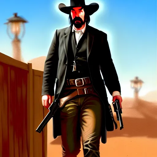 Prompt: morbidly obese keanu reeves gunfighting outlaws in the old west, elegant intricate digital painting artstation concept art by mark brooks and brad kunkle detailed
