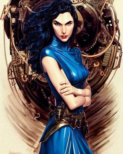 Image similar to in the style of joshua middleton, artgerm, beautiful gal gadot, steampunk, full body, blue dress, elegant pose, middle shot, spooky, symmetrical face, symmetrical eyes, detailed realisitc eyes, detailed realistic eyes, detailed and intricate