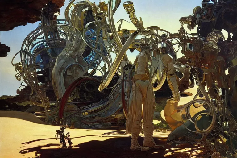 Image similar to natural landscape | robot repairing another robot, painting by syd mead and weta studio, alphonso mucha, james jean, frank frazetta, highly detailed, rule of third, soft lighting, 8 k resolution, oil on canvas, architectural magazine, beautiful detailed, insanely intricate details, artstation trending, hypermaximalistic, high details, cinematic