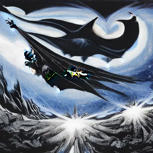 Prompt: batman surfing the infinite cosmos, grand scale, painting by h. r. giger