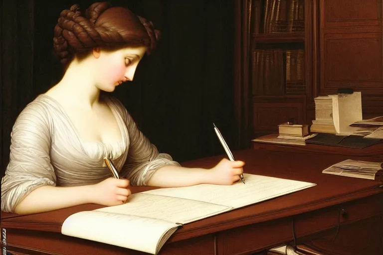 Image similar to georgian lady writing at her desk by vittorio reggianini, directoire style, regency, empire silhouette, bright lighting, perfectly detailed eyes, beautiful hands, pale skin, clear face