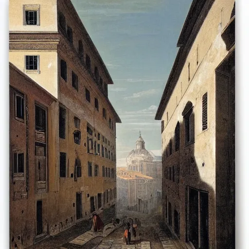 Prompt: the view down a street, buildings in rome by martinus rørbye