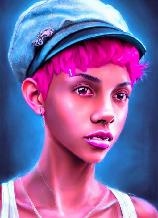 Image similar to portrait of teenage vanessa morgan with bright pink hair, black girl, curly pixie cut hair, wearing newsboy cap, pink short haircut, newsboy cap, hoop earrings, blue eyes, intricate, elegant, glowing lights, highly detailed, digital painting, artstation, concept art, smooth, sharp focus, illustration, art by wlop, mars ravelo and greg rutkowski