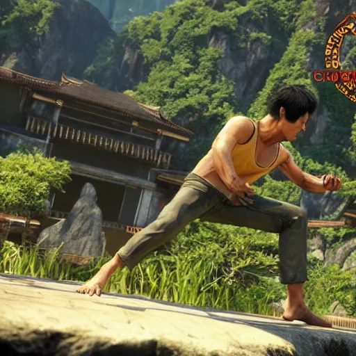 Image similar to a screenshot of bruce lee in uncharted 4. 3 d rendering. unreal engine. amazing likeness. very detailed. cartoon caricature