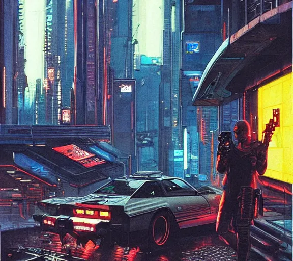 Image similar to a portrait of a cyberpunk epic Friday night firefight, Night City, cyberpunk 2077, very very coherent painting, 1979 OMNI Magazine Cover, street level neo-Tokyo in Cyberpunk 2045 style by Vincent Di Fate by mark arian by artgerm in the style of ((Gustave Dore)), 4k, 8k, HD, trending on artstation