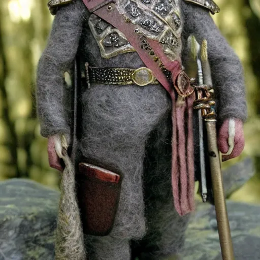 Image similar to needle felted king theoden from the return of the king (2003), highly detailed, tilt shift, eerie!, hyperrealism, highly textured, god rays