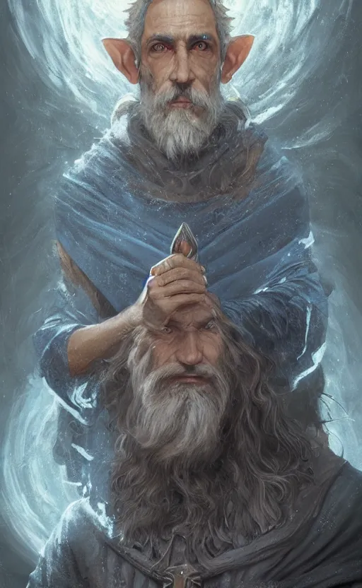 Image similar to portrait of a middle - aged elf with a long beard, dressed in a blue cloak, brown - grey hair, raised hand, clock iconography, detailed face, fantasy, highly detailed, cinematic lighting, digital art painting by greg rutkowski