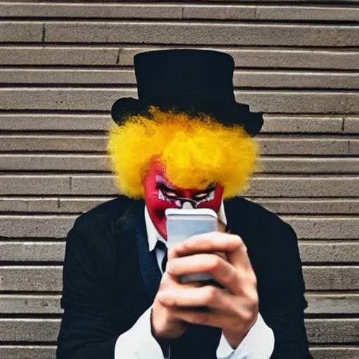 Prompt: “a clown mad and texting on his phone”