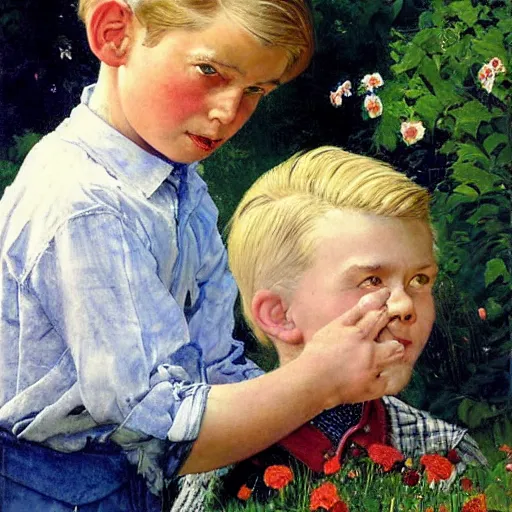 Prompt: a cute seven year old boy with tousled blonde hair and blue eyes in a lovely garden, beautiful painting by norman rockwell and raymond swanland, highly detailed face