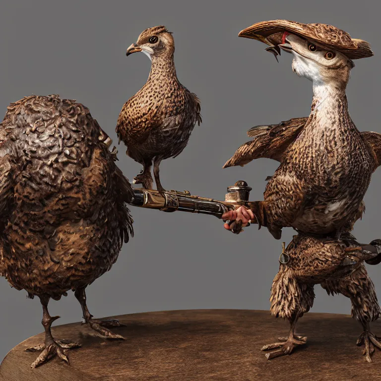 Image similar to a 3 d model of a grouse holding a blunderbuss, studio lighting, octane render, hyper detailed, product photography, 8 k, highly detailed