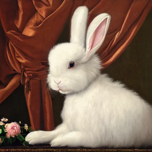 Prompt: renaissance oil painting of fluffy white lop eared bunny rabbit, head and shoulders view, wearing royal robe with lace collar, crown with jewels and flowers, throne in background, detailed 4 k