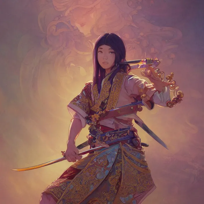 Prompt: kamado tanjiro wielding his katana, highly detailed, gold filigree, fantasy, soft cinematic lighting, award, disney concept art, watercolor illustration by mandy jurgens and alphonse mucha and alena aenami, pastel color palette, featured on artstation