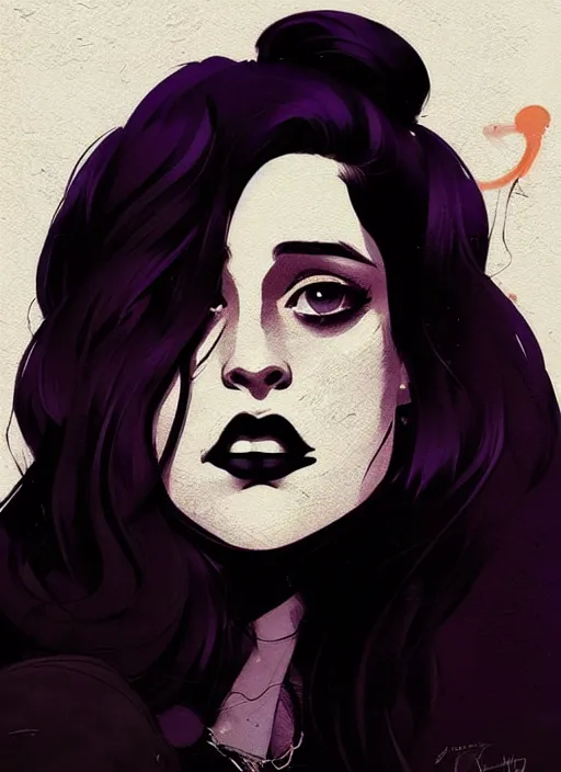 Image similar to highly detailed closeup portrait of beautiful carly chaikin as darlene alderson, wavy black hair, by atey ghailan, by greg rutkowski, by greg tocchini, by james gilleard, by joe fenton, by kaethe butcher, gradient purple, black and white color scheme, grunge aesthetic!!! ( ( graffiti tag wall background ) )