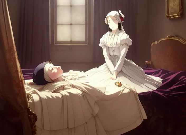 Image similar to victorian britain 1 8 3 6, 1 6 year old florence nightingale, hears the voice of god, in a luxurious english victorian bedroom, finely detailed perfect art, gapmoe yandere grimdark, trending on pixiv fanbox, painted by greg rutkowski makoto shinkai takashi takeuchi studio ghibli