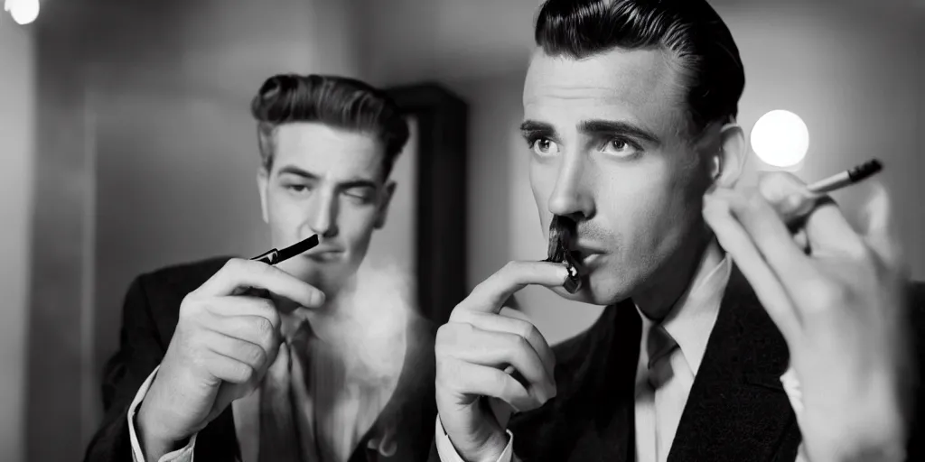 Image similar to a bitter handsome 1 9 5 0 s detective smokes a cigarette as be questions a beautiful glamorous client. office. smoke. film noir. b & w. black and white. 1 0 0 mm lens. depth of field.