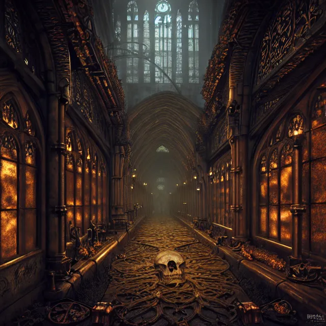 Image similar to steam necropolis, memento mori, gothic, neo - gothic, art nouveau, hyperdetailed copper patina medieval icon, stefan morrell, philippe druillet, ralph mcquarrie, concept art, steampunk, unreal engine, detailed intricate environment, octane render, moody atmospherics, volumetric lighting, ultrasharp, ominous, otherworldly