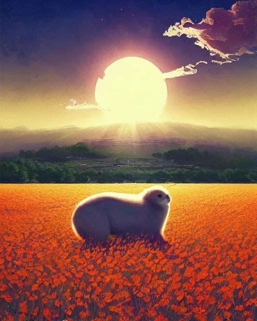 Image similar to white capybara!! looking at the sun in a flower field, surreal photography, sunrise dramatic light, impressionist painting, colorful clouds, digital painting, artstation, kilian eng, john harris, bastien lecouffe - deharme, simon stalenhag, flower face